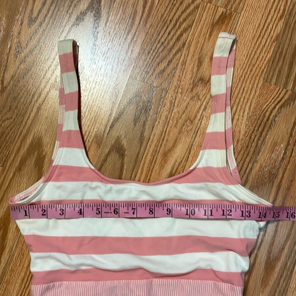 90s Pink Swimsuit, vintage Jantzen Striped Tank style Suit, cotton Lycra, 12 - Picture 2 of 10